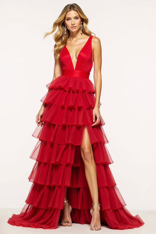 Red A Line Tulle Deep V-Neck Long Tiered Prom Dress with Ruffles