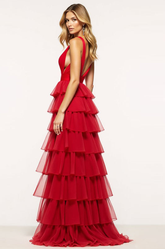 Red A Line Tulle Deep V-Neck Long Tiered Prom Dress with Ruffles