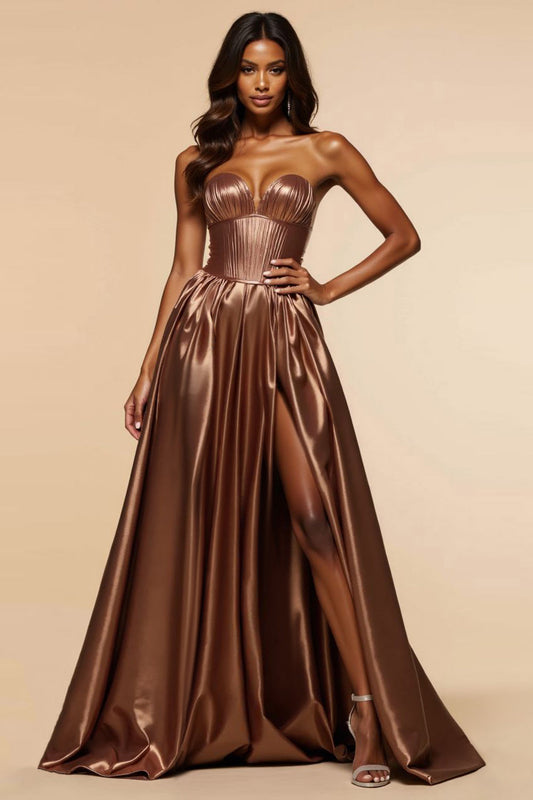 Corset Brown A Line Ruched Sweetheart Long Prom Dress with Silt
