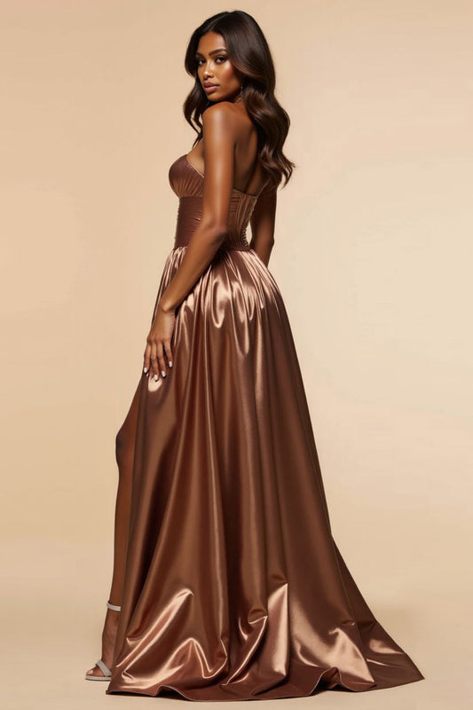 Corset Brown A Line Ruched Sweetheart Long Prom Dress with Silt