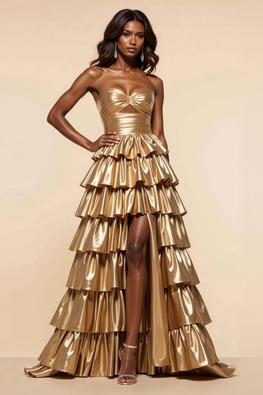 Golden A Line Tiered Sweetheart Long Satin Prom Dress with Slit