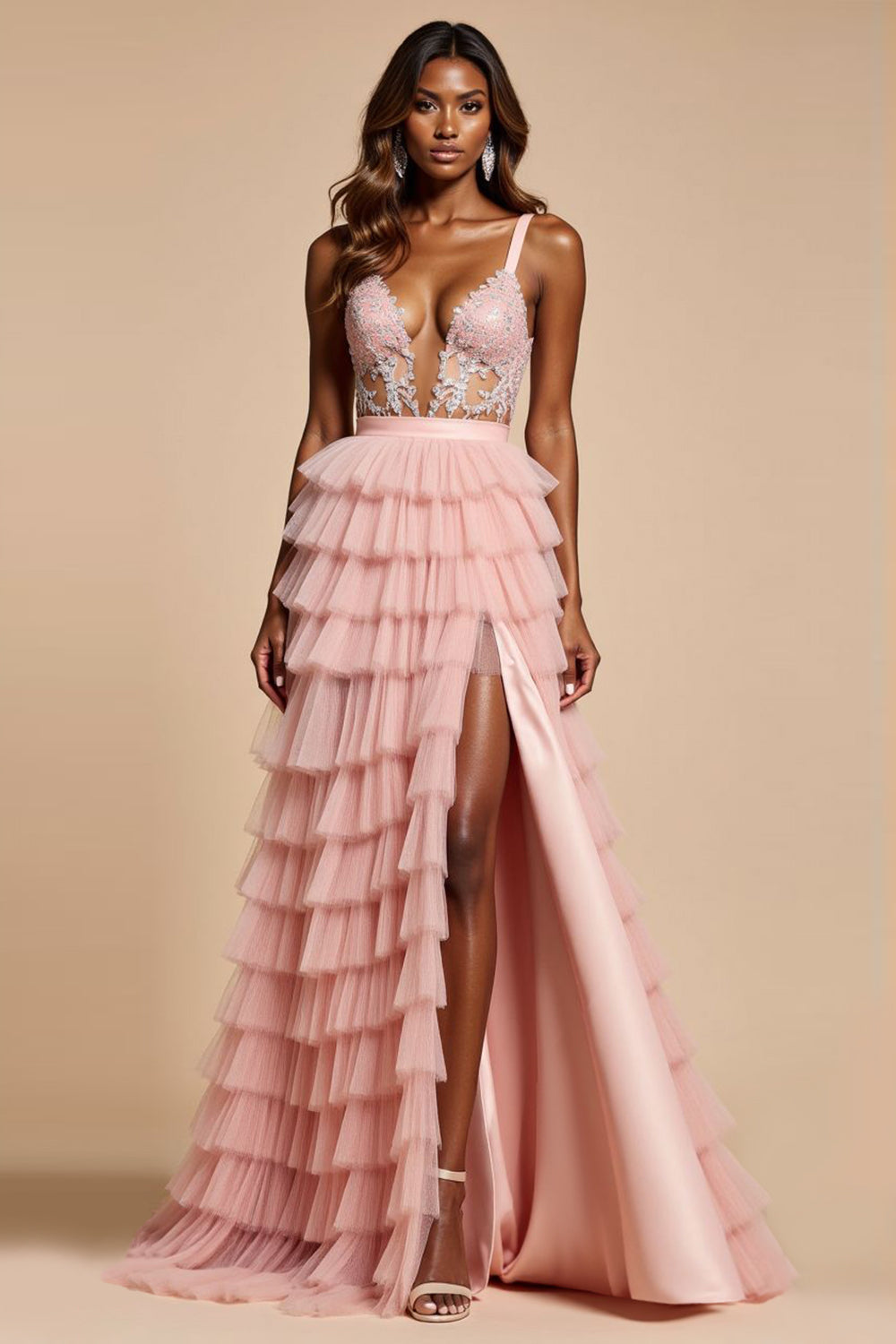 Corset Blush Pink A Line Tulle Tiered Long Prom Dress with Slit Corset Blush Pink A Line Tulle Tiered Long Prom Dress with Slit