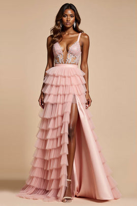 Corset Blush Pink A Line Tulle Tiered Long Prom Dress with Slit
