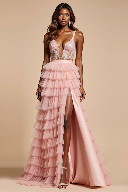 Corset Blush Pink A Line Tulle Tiered Long Prom Dress with Slit