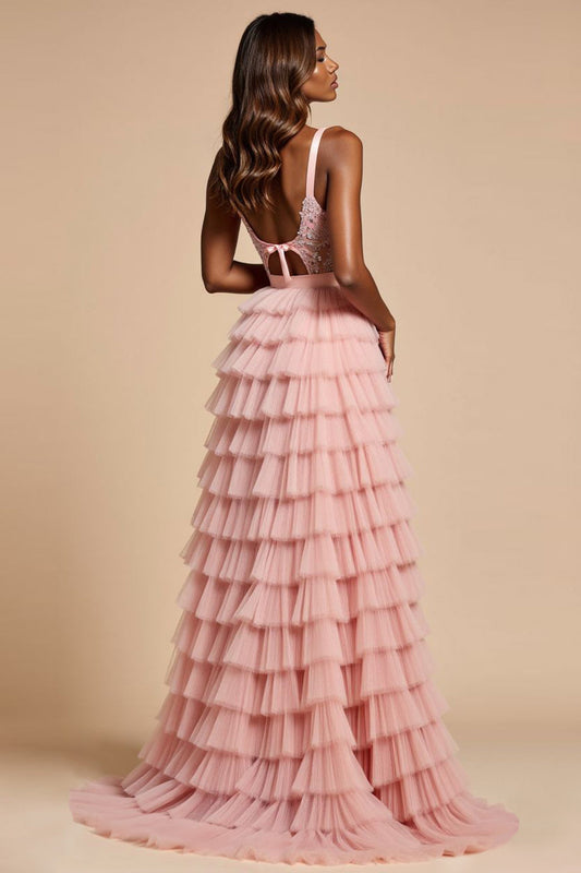 Corset Blush Pink A Line Tulle Tiered Long Prom Dress with Slit