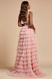 Corset Blush Pink A Line Tulle Tiered Long Prom Dress with Slit Corset Blush Pink A Line Tulle Tiered Long Prom Dress with Slit