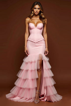 Sweetheart Blush Pink Mermaid Tulle Long Corset Prom Dress with Slit