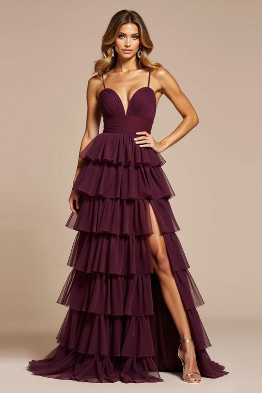 A Line Purple Tiered V-Neck Long Tulle Prom Dress with Slit