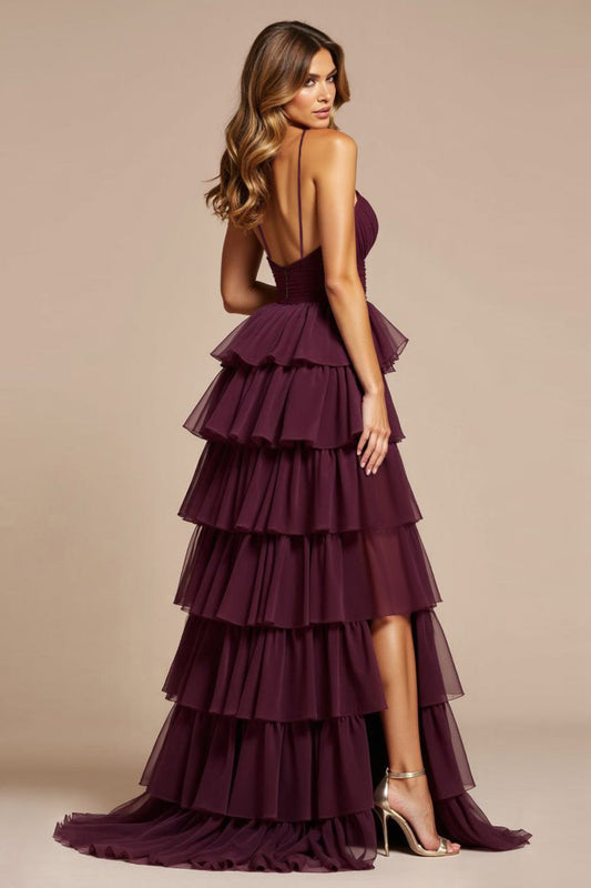 A Line Purple Tiered V-Neck Long Tulle Prom Dress with Slit