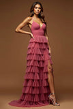 Desert Rose A Line Tulle Ruffled V-Neck Long Prom Dress with Slit Desert Rose A Line Tulle Ruffled V-Neck Long Prom Dress with Slit