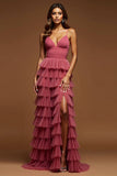 Desert Rose A Line Tulle Ruffled V-Neck Long Prom Dress with Slit Desert Rose A Line Tulle Ruffled V-Neck Long Prom Dress with Slit