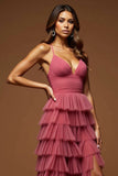 Desert Rose A Line Tulle Ruffled V-Neck Long Prom Dress with Slit Desert Rose A Line Tulle Ruffled V-Neck Long Prom Dress with Slit
