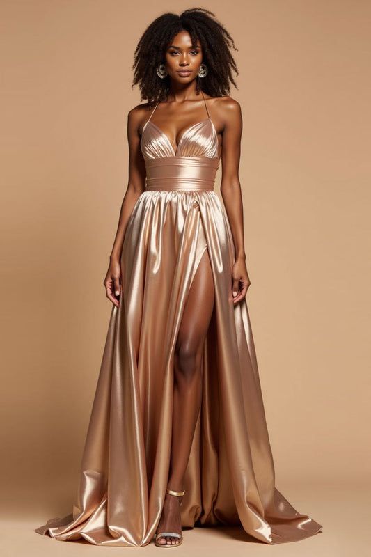 Golden A Line Pleated Spaghetti Straps Long Satin Prom Dress