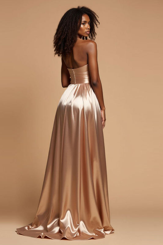 Golden A Line Pleated Spaghetti Straps Long Satin Prom Dress