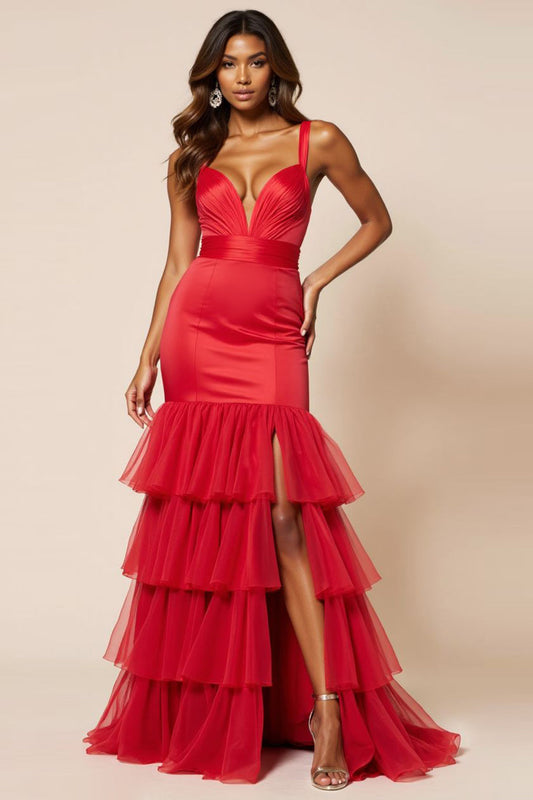 Red Sheath Tulle Tiered V-Neck Long Prom Dress with Ruffles