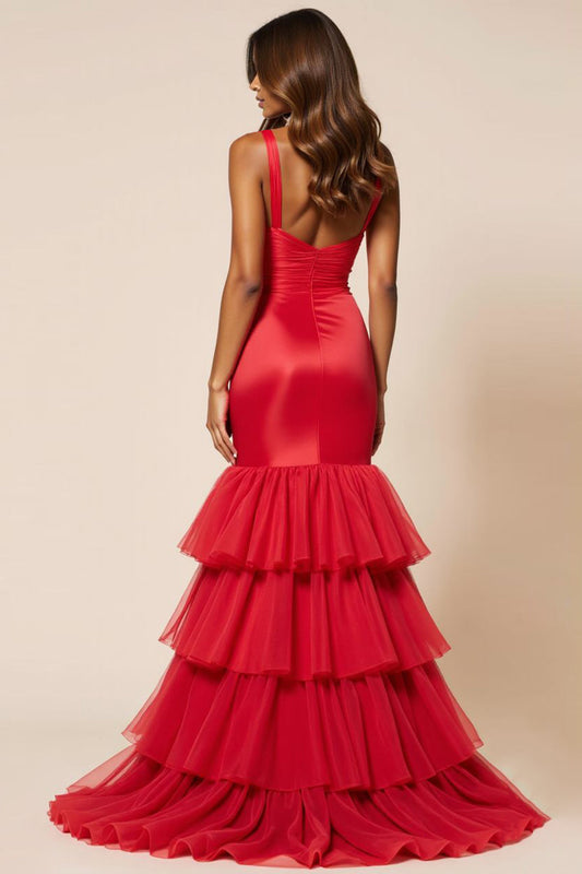 Red Sheath Tulle Tiered V-Neck Long Prom Dress with Ruffles