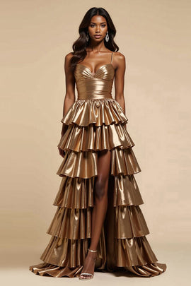 Metallic Golden A Line Satin Tiered V-Neck Long Prom Dress with Ruffles