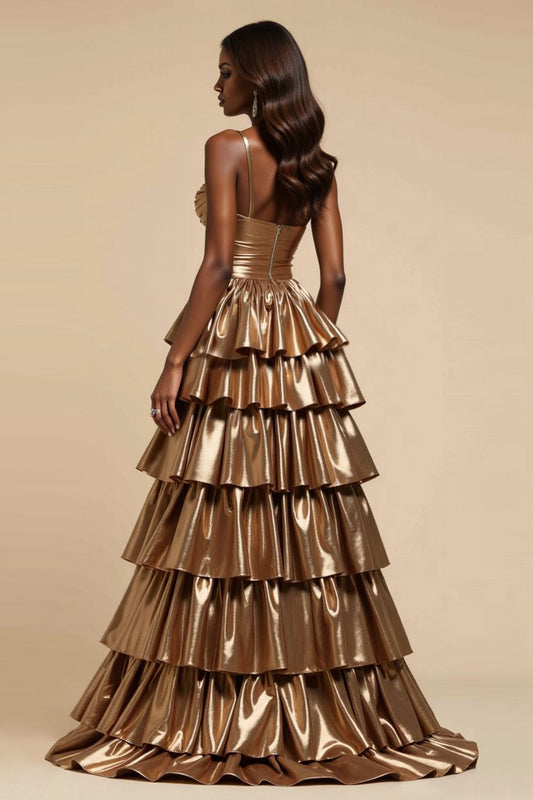 Metallic Golden A Line Satin Tiered V-Neck Long Prom Dress with Ruffles