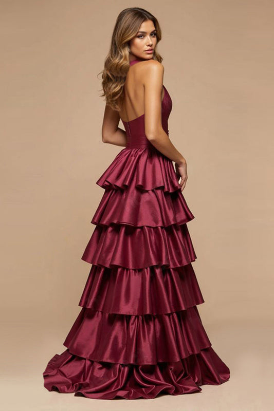 A Line Burgundy Tiered Deep V-Neck Long Satin Prom Dress with Slit