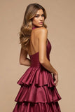 A Line Burgundy Tiered Deep V-Neck Long Satin Prom Dress with Slit A Line Burgundy Tiered Deep V-Neck Long Satin Prom Dress with Slit