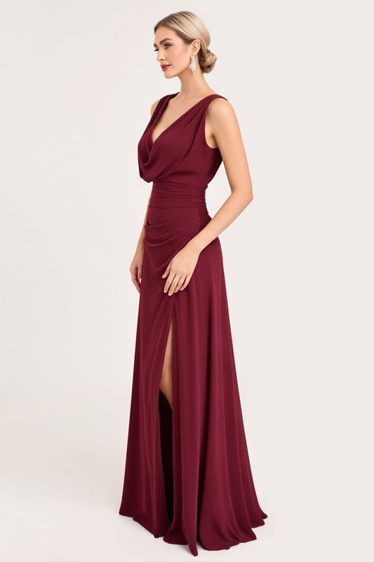 A Line Burgundy Chiffon Sleeveless Long Bridesmaid Dress with Slit
