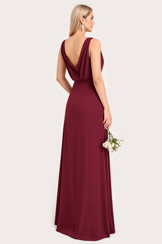 A Line Burgundy Chiffon Sleeveless Long Bridesmaid Dress with Slit