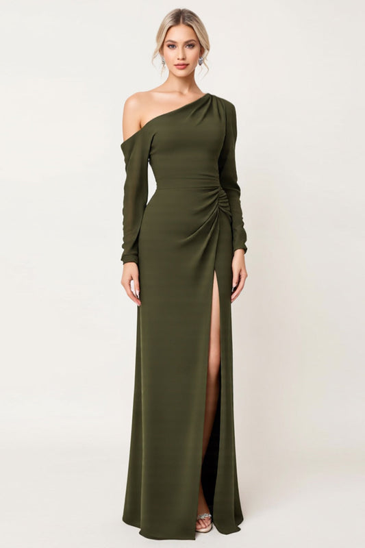 Sheath Olive One Shoulder Long Bridesmaid Dress with Slit