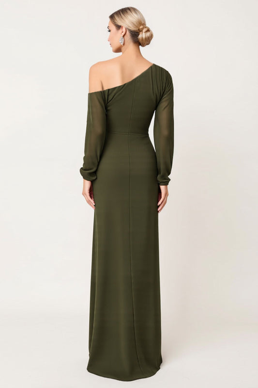 Sheath Olive One Shoulder Long Bridesmaid Dress with Slit