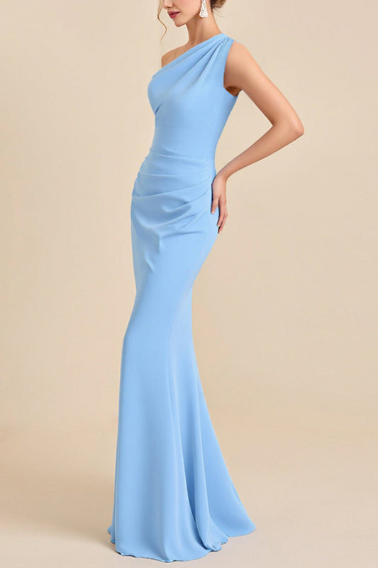 One Shoulder Sky Blue Sheath Long Bridesmaid Dress