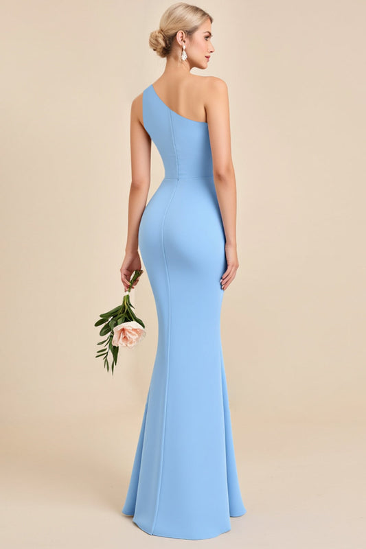 One Shoulder Sky Blue Sheath Long Bridesmaid Dress