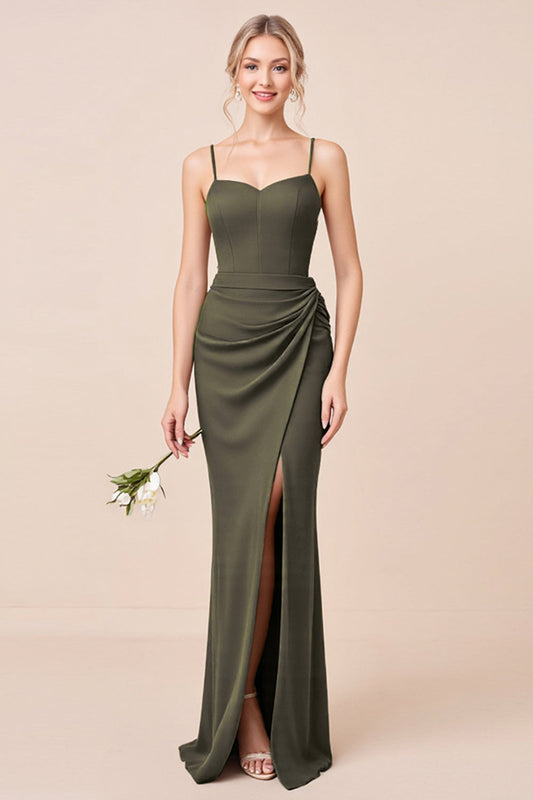 Olive Spaghetti Straps Corset Long Bridesmaid Dress with Slit