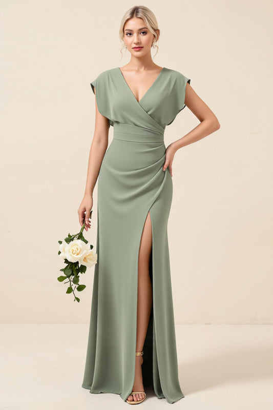 ZAPAKA Eucalyptus Sheath Chiffon V-Neck Bridesmaid Dress with Slit Ruched Cap Sleeves Long Wedding Guest Dress