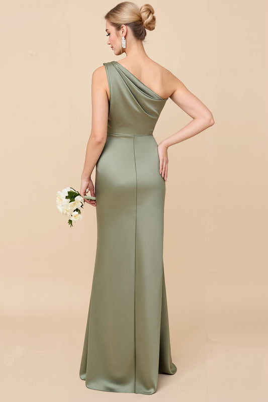 Sheath Satin Eucalyptus Ruched One Shoulder Long Bridesmaid Dress