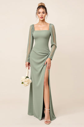 Sheath Eucalyptus Square Neck Bridesmaid Dress with Long Sleeves