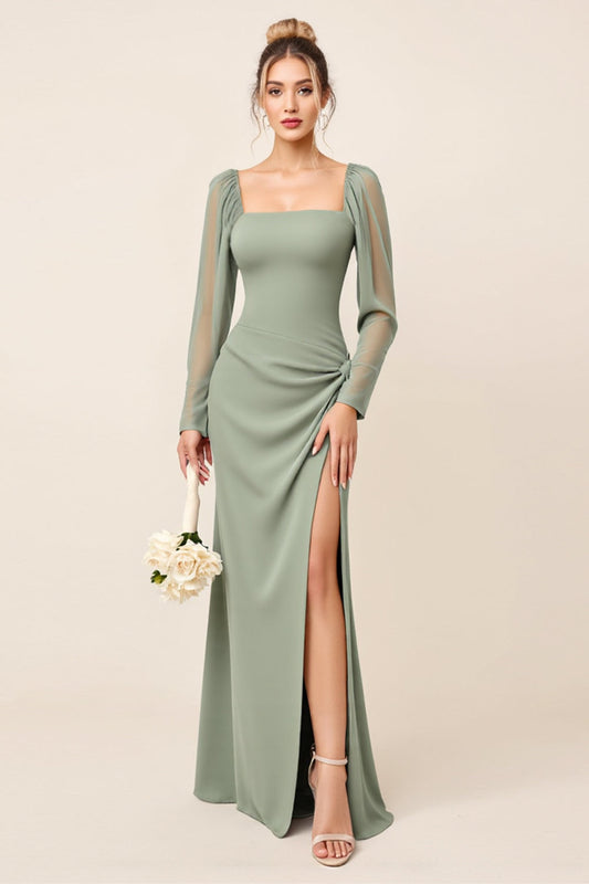 Sheath Eucalyptus Square Neck Bridesmaid Dress with Long Sleeves