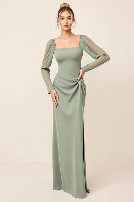Sheath Eucalyptus Square Neck Bridesmaid Dress with Long Sleeves