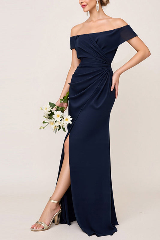 Off the Shoulder Navy Sheath Chiffon Long Bridesmaid Dress with Slit
