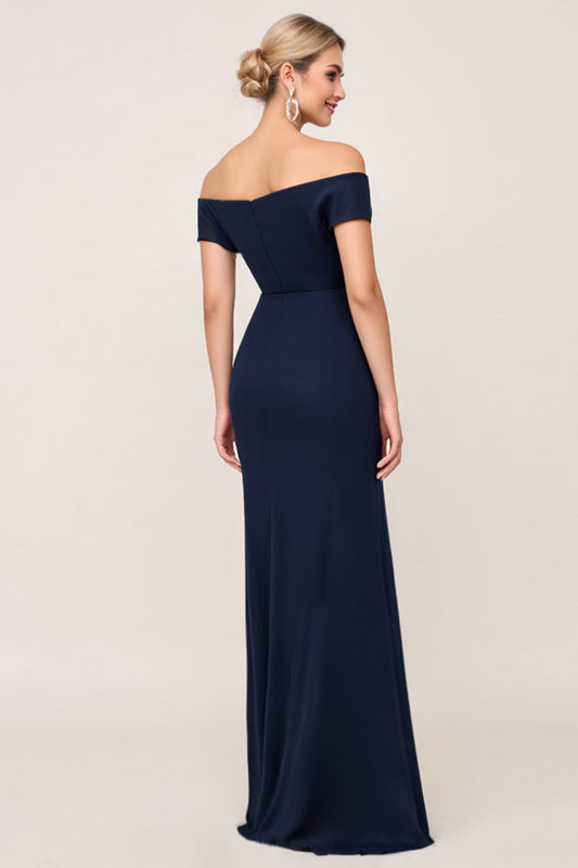 Off the Shoulder Navy Sheath Chiffon Long Bridesmaid Dress with Slit