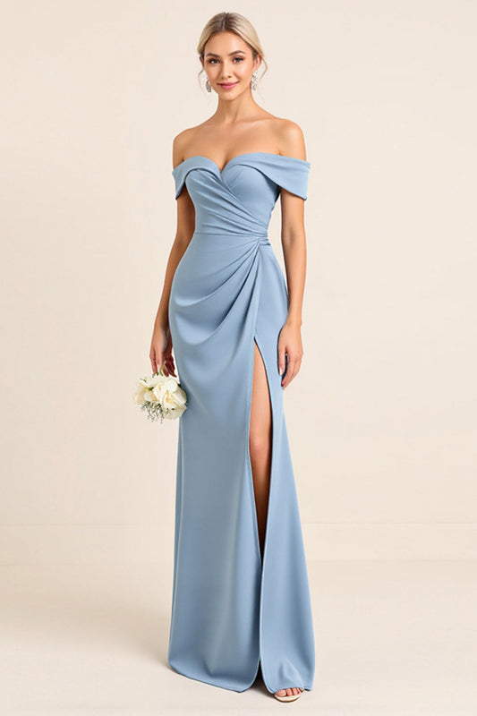 Sheath Satin Dusty Blue Off the Shoulder Long Bridesmaid Dress with Slit