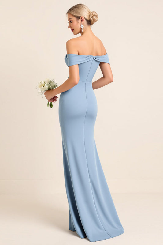 Sheath Satin Dusty Blue Off the Shoulder Long Bridesmaid Dress with Slit