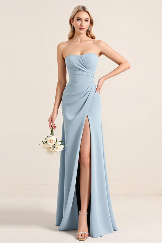 Square Neck Dusty Blue Sheath Chiffon Long Bridesmaid Dress with Slit