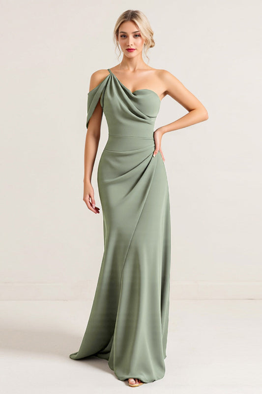 Chiffon Olive Sheath One Shoulder Long Bridesmaid Dress