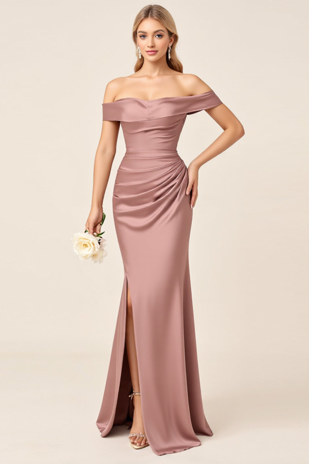 ZAPAKASA Women Sheath Dusty Rose Satin Bridesmaid Dress with Slit Off the Shoulder Backless Long Wedding Guest Dress ZAPAKASA Women Sheath Dusty Rose Satin Bridesmaid Dress with Slit Off the Shoulder Backless Long Wedding Guest Dress