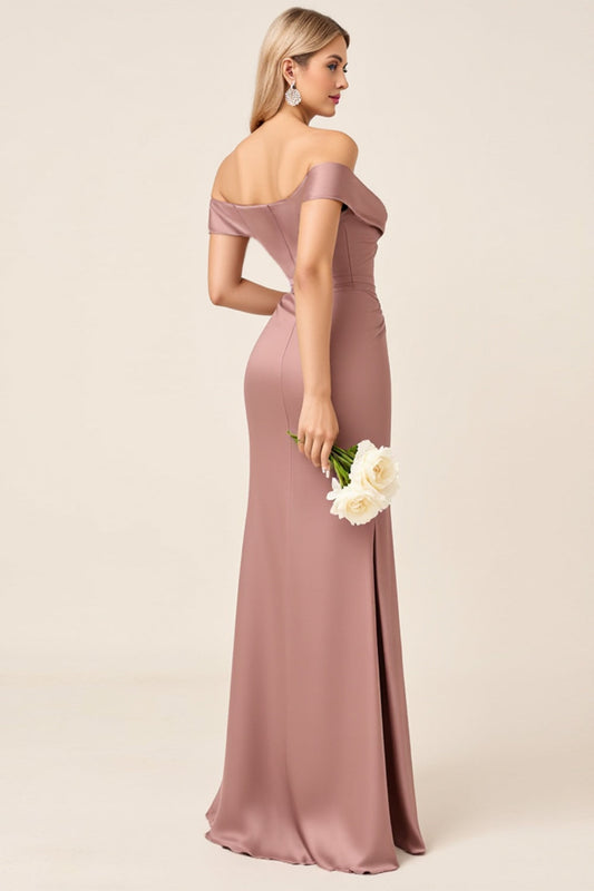 Sheath Dusty Rose Satin Off the Shoulder Long Bridesmaid Dress