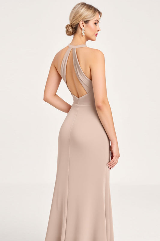 Halter Neck Candy Pink Sheath Satin Long Bridesmaid Dress with Slit