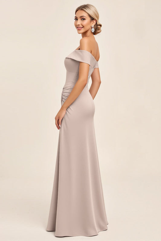 Candy Pink Sheath Off the Shoulder Long Bridesmaid Dress with Slit