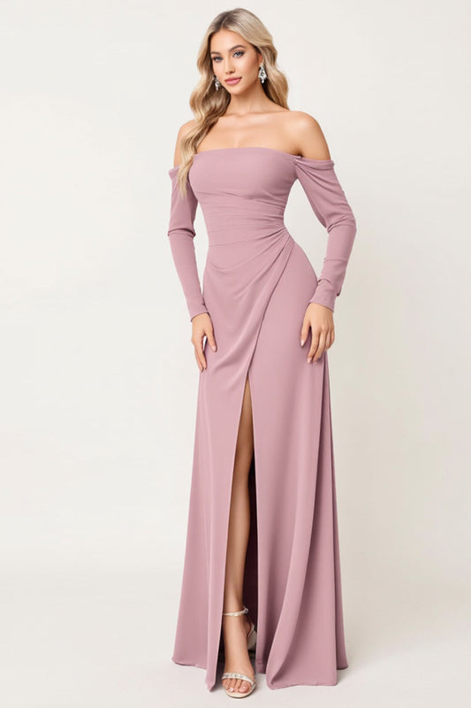 Off the Shoulder Dusty Rose Sheath Chiffon Long Bridesmaid Dress with Slit