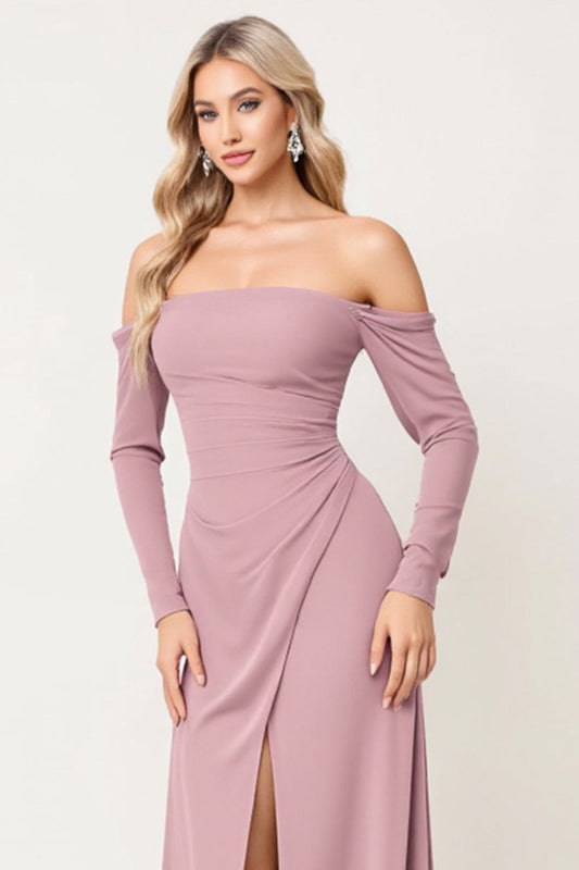Off the Shoulder Dusty Rose Sheath Chiffon Long Bridesmaid Dress with Slit