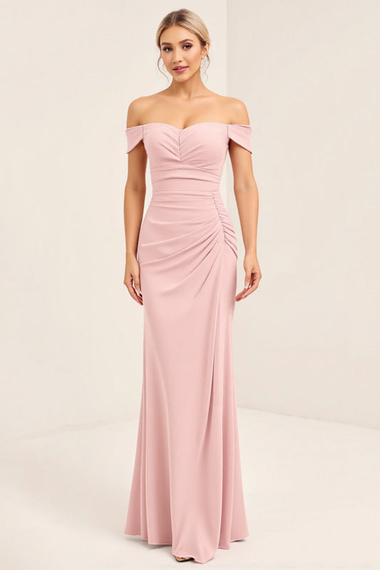 Off the Shoulder Blush Pink Ruched Long Bridesmaid Dress