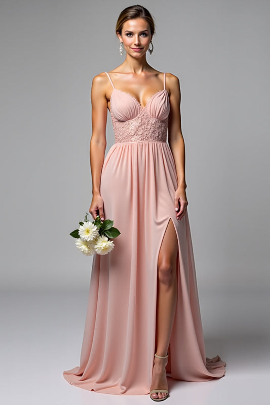 A Line Dusty Rose Chiffon V-Neck Backless Long Bridesmaid Dress